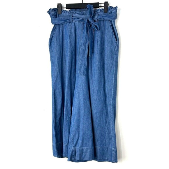 Hannah Womens Size M Wide Leg Pants Tie Belt Chambray Blue Pull On Ankle R - Picture 1 of 12
